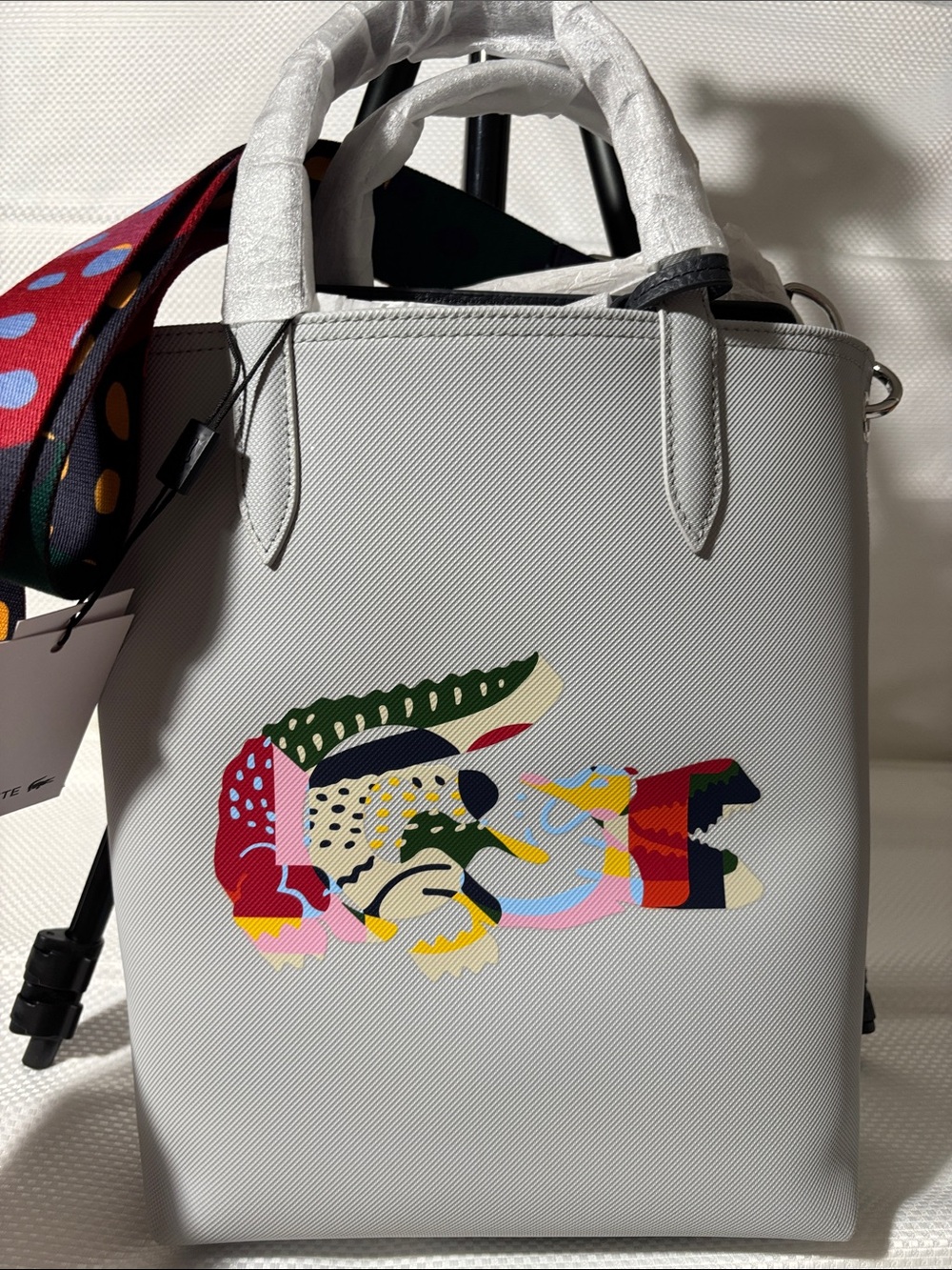 Lacoste Gray Satchel with Multicolor Crocodile Motif